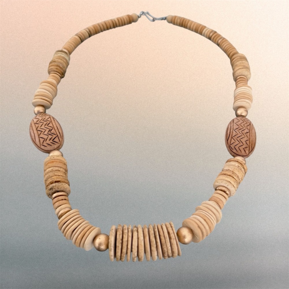 Handmade Carved Wood Tribal Bohemian Chunky Statement Necklace - Picture 4 of 5
